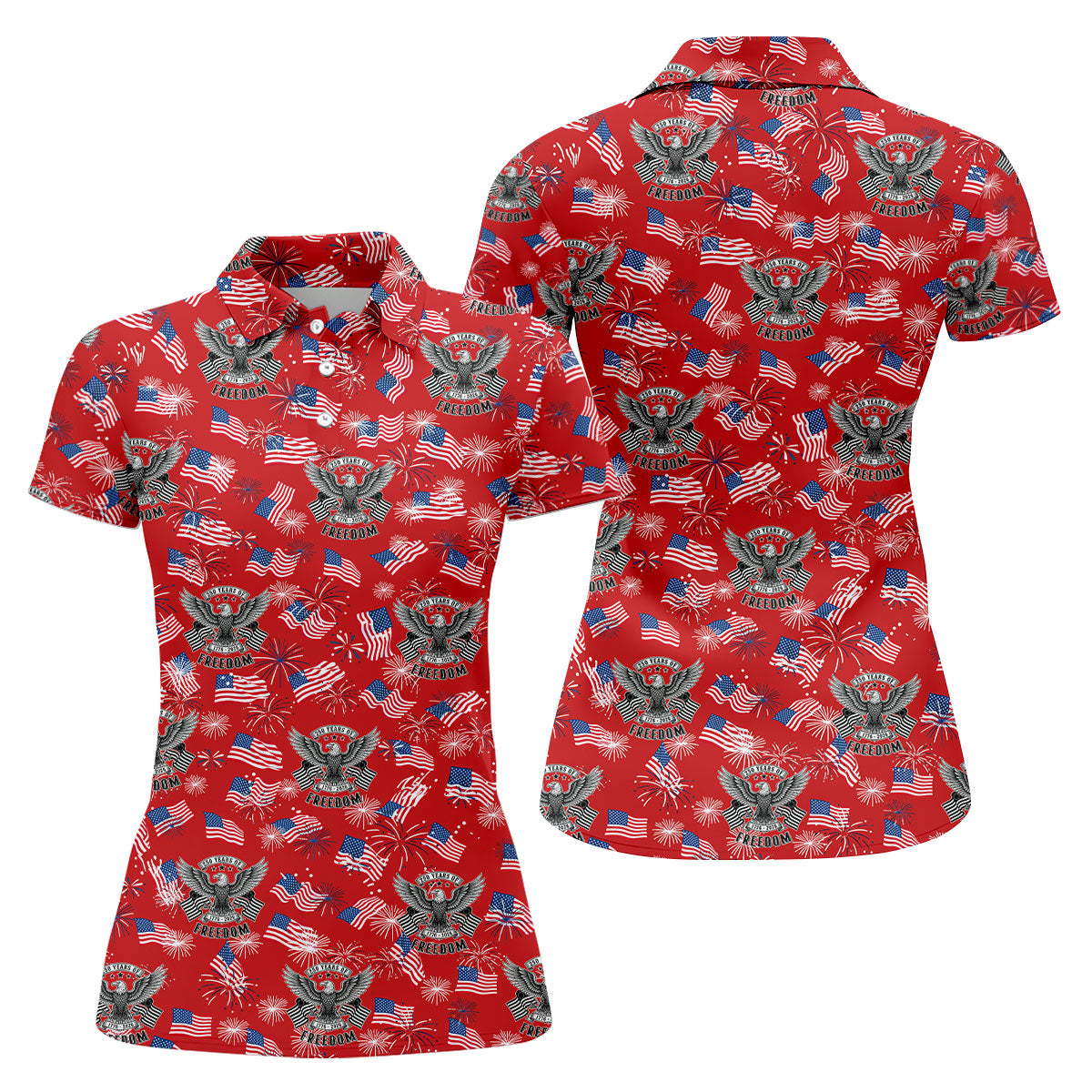 250 Years Of Freedom Festive Flag Vintage Red Golf Shirt, Patriotic 4th Of July Golf Shirt For Women