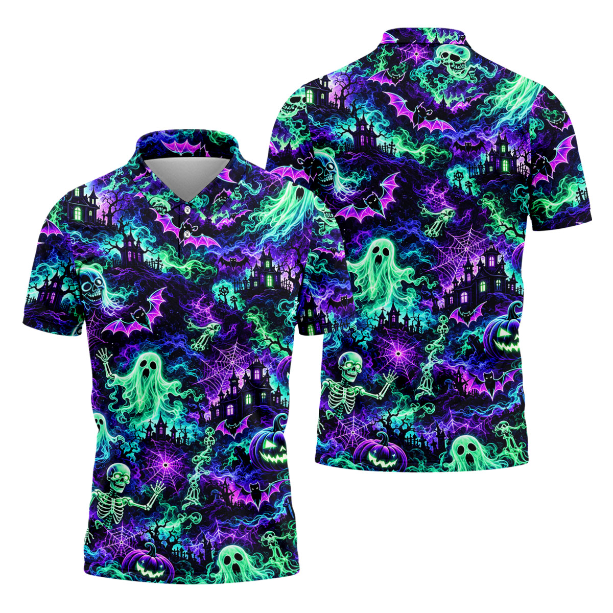 Neon Ghost Skeleton Halloween Horror Character Polo Shirt, Golf Shirt, Mens Golf Polo