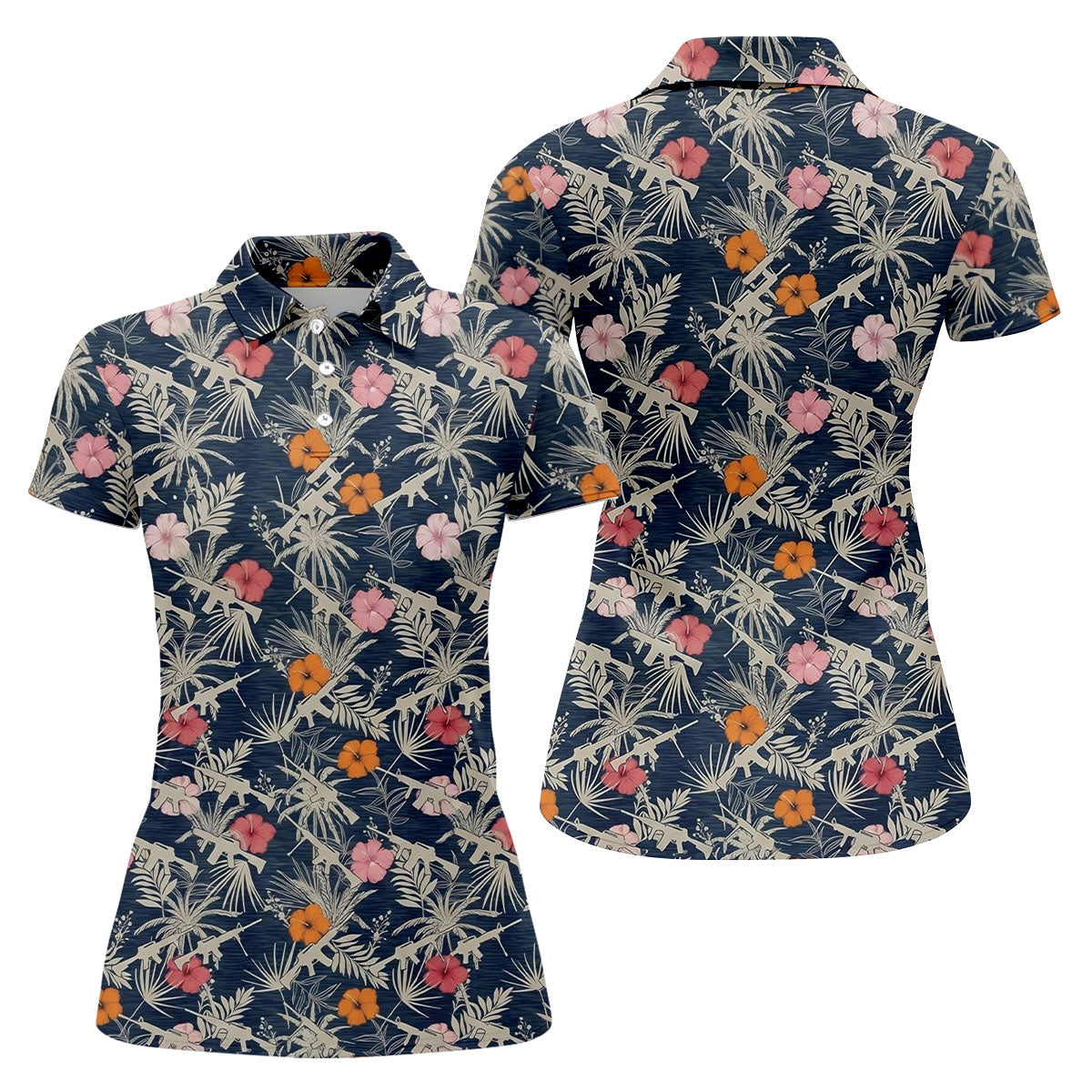 Hawaiian Hibicus Military Theme Navy Golf Shirt, Women Golf Top, Ladies Golf Shirts