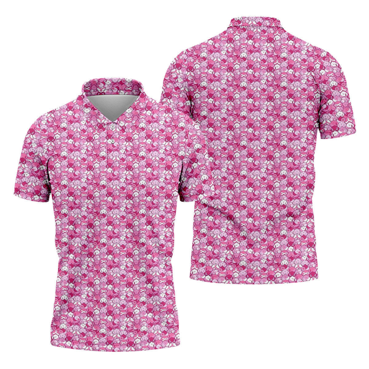 Pink Breast Cancer Hearts And Ribbons Polo Shirt, Golf Shirts For Men, Mens Golf Polo