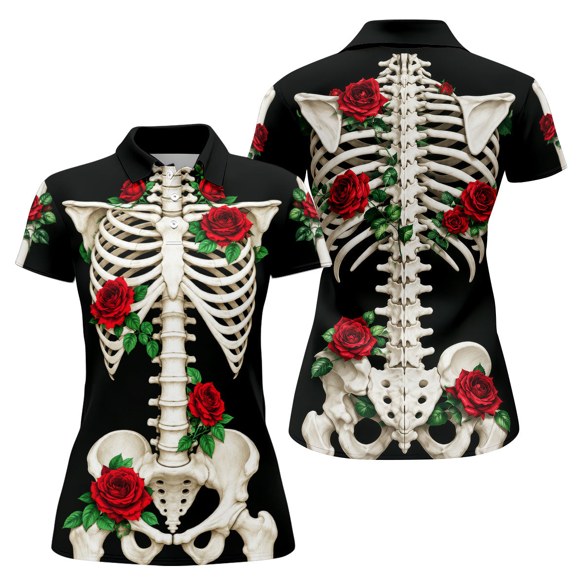 Skeleton Rib Cage And Red Roses Halloween Polo Shirt, Golf Tops For Women, Women’s Golf Polo