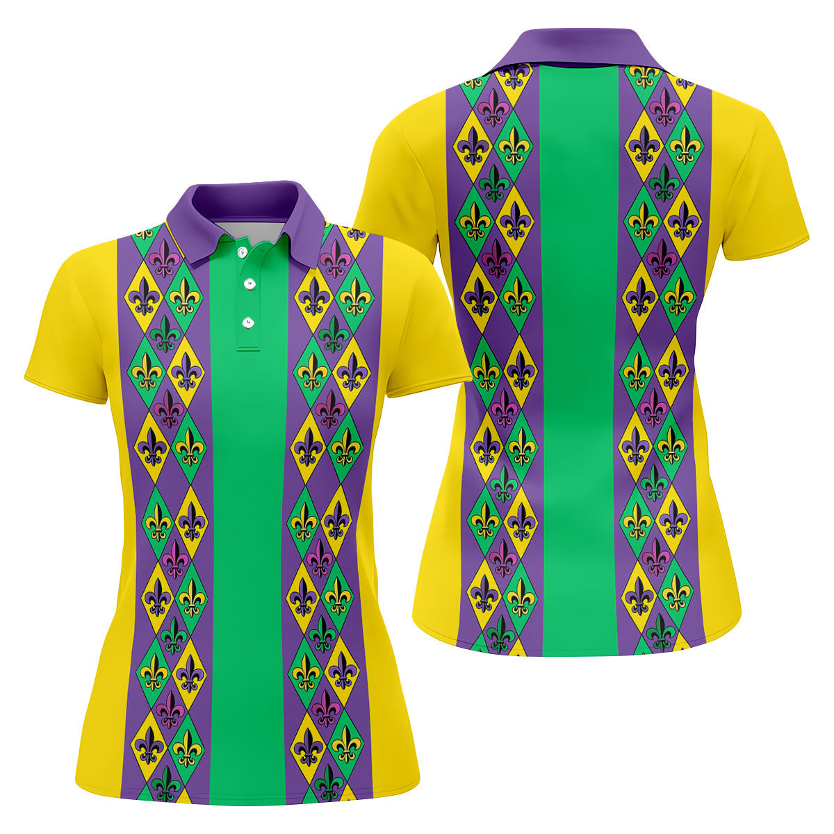 Purple Green Gold Fleur De Lis Argyle Pattern Mardi Gras Golf Shirt, Women's Golf Tops, Ladies Golf Shirt
