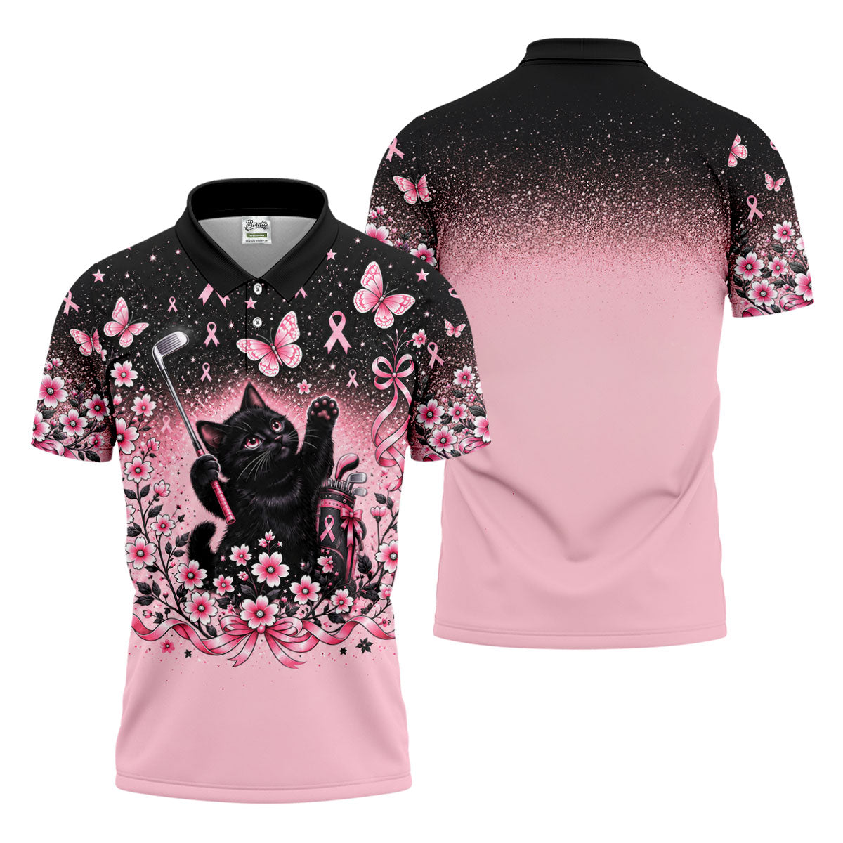 Black Cat Breast Cancer Ribbons Polo Shirt, Mens Golf Polo, Golf Apparel For Men