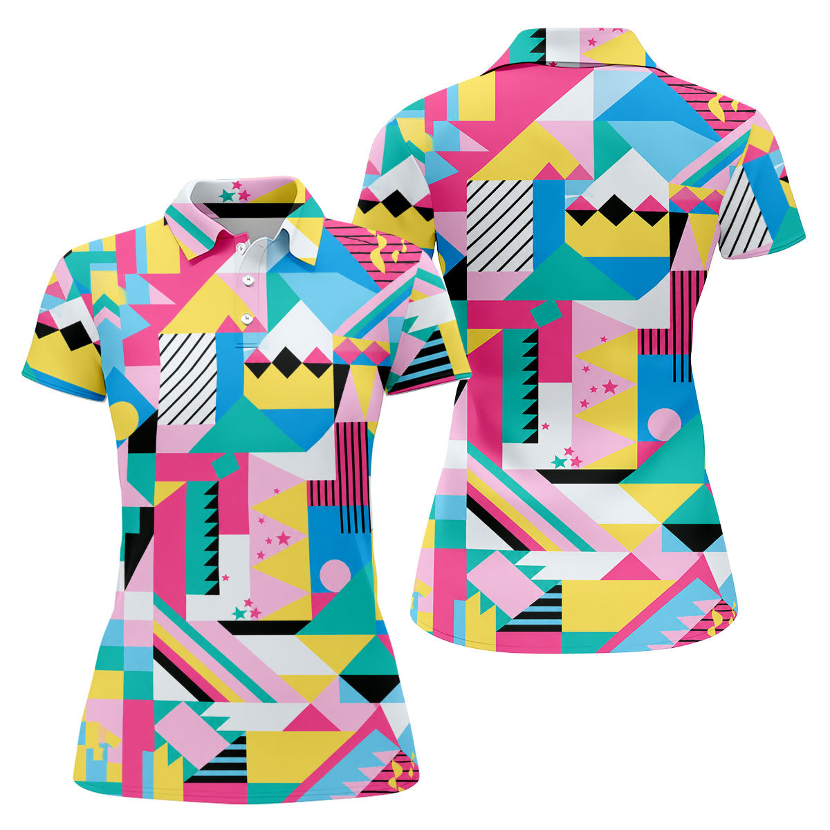Memphis Pattern Golf Shirt, Retro 80s Geometric Color Block Design, Golf Shirt For Women