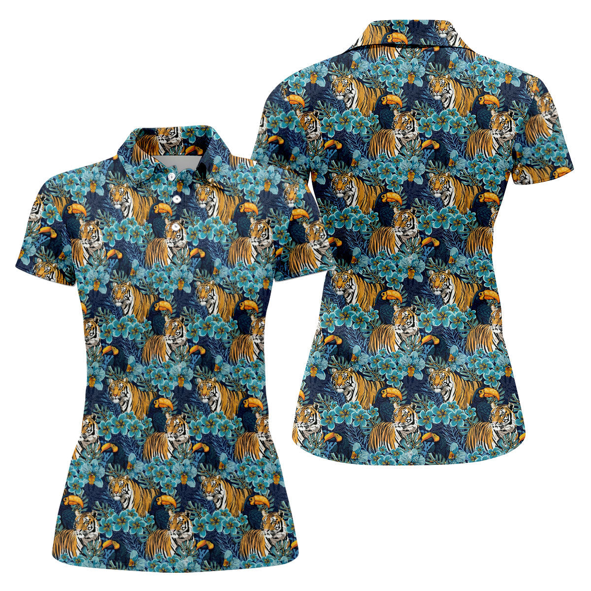 Tiger And Toucan Tropical Foliage Hawaiian Golf Shirt, Golf Shirt For Women, Golfing Apparel