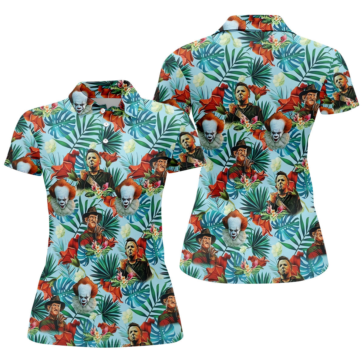Tropical Horror Character Hawaiian Golf Shirt, Women’s Golf Polo, Halloween Golf Shirt
