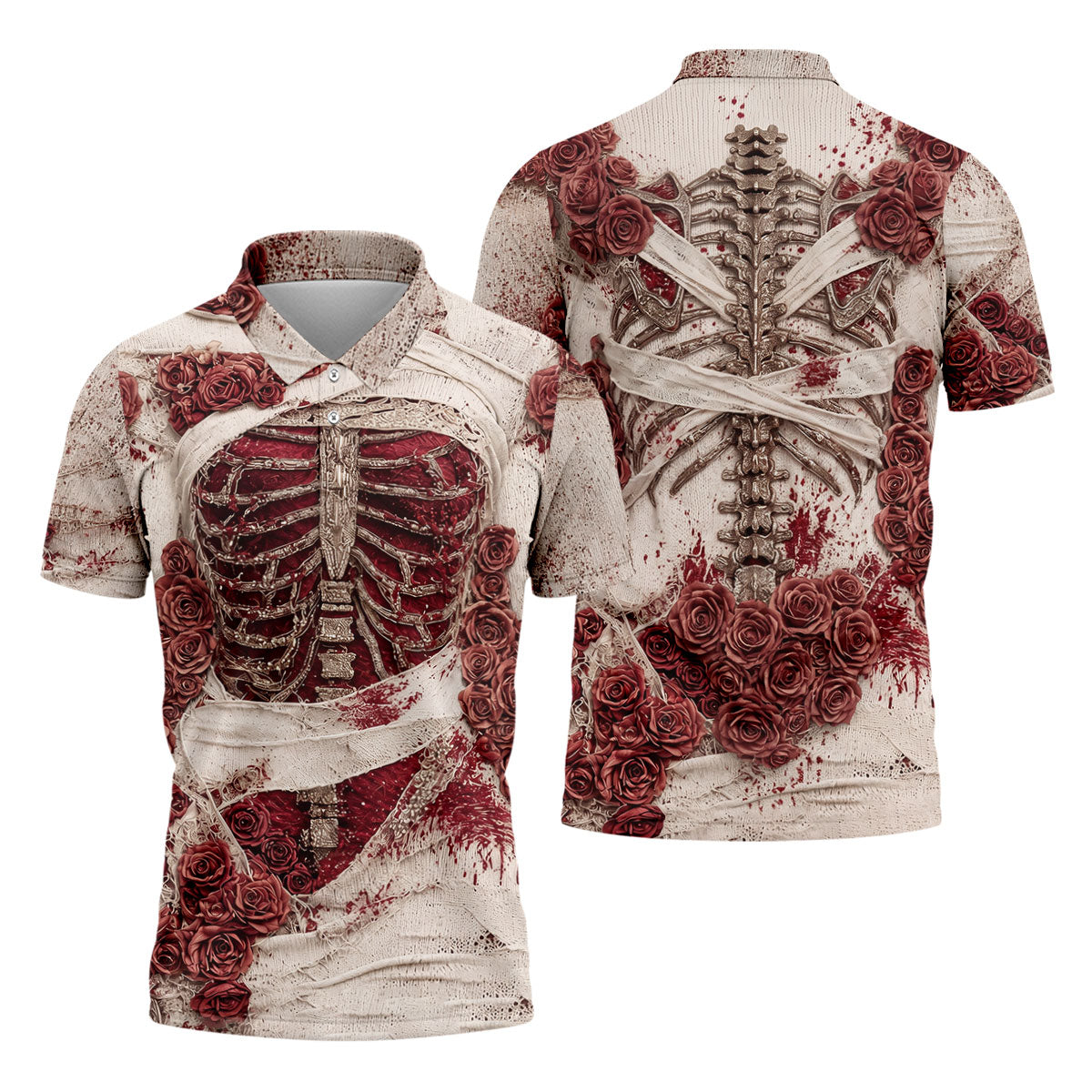 Bloody Skeleton Rose Halloween Polo Shirt, Polo Shirts For Men, Mens Golf Apparel