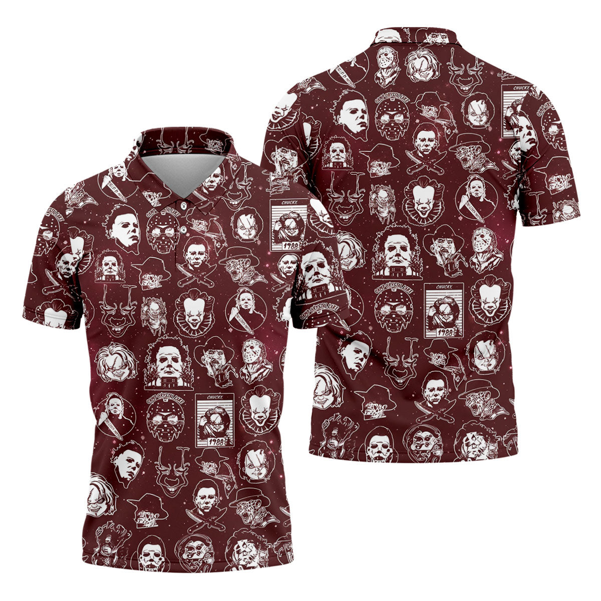 Vintage Halloween Horror Character Pattern Golf Shirt, Men's Golf Shirt, Hawaiian Golf Shirt