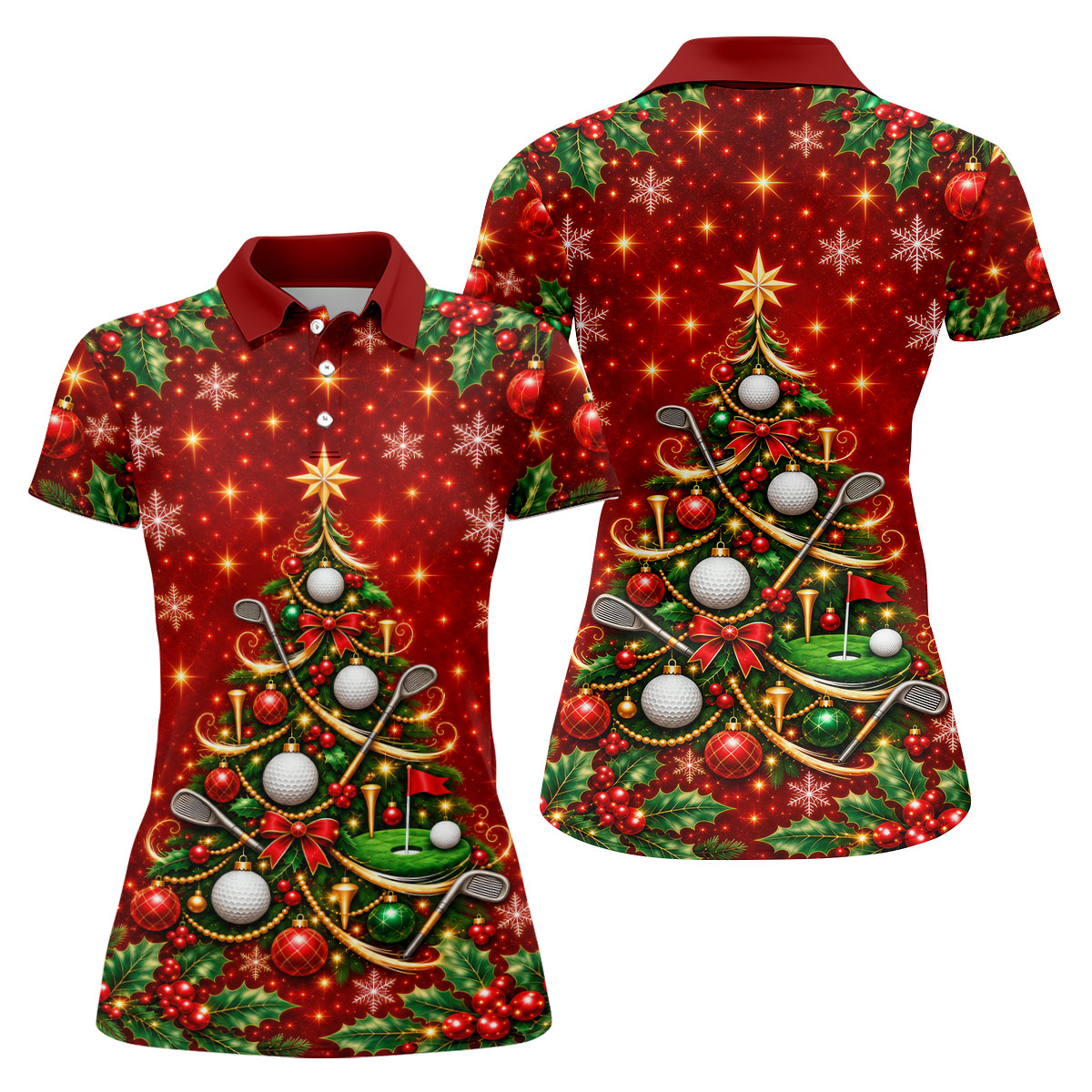Golf Ball And Club Tree Christmas Golf Shirt, Ladies Golf Shirts, Golf Tops For Women