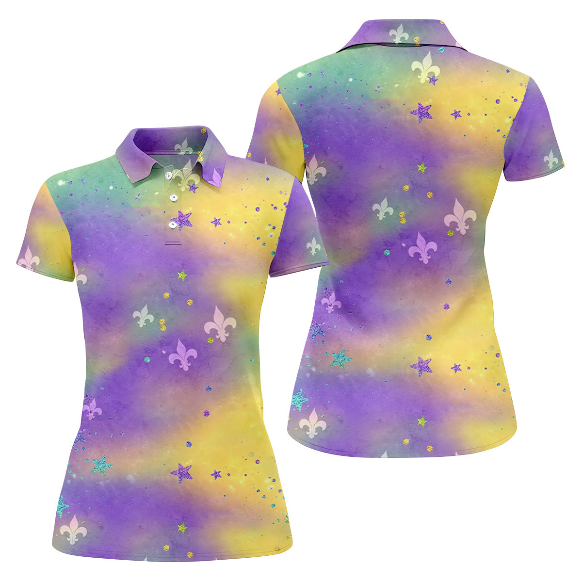 Fleur-De-Lis Symbol Green Gold Purple Blended Color Mardi Gras Golf Shirt, Women's Golf Shirts, Ladies Golf Polos