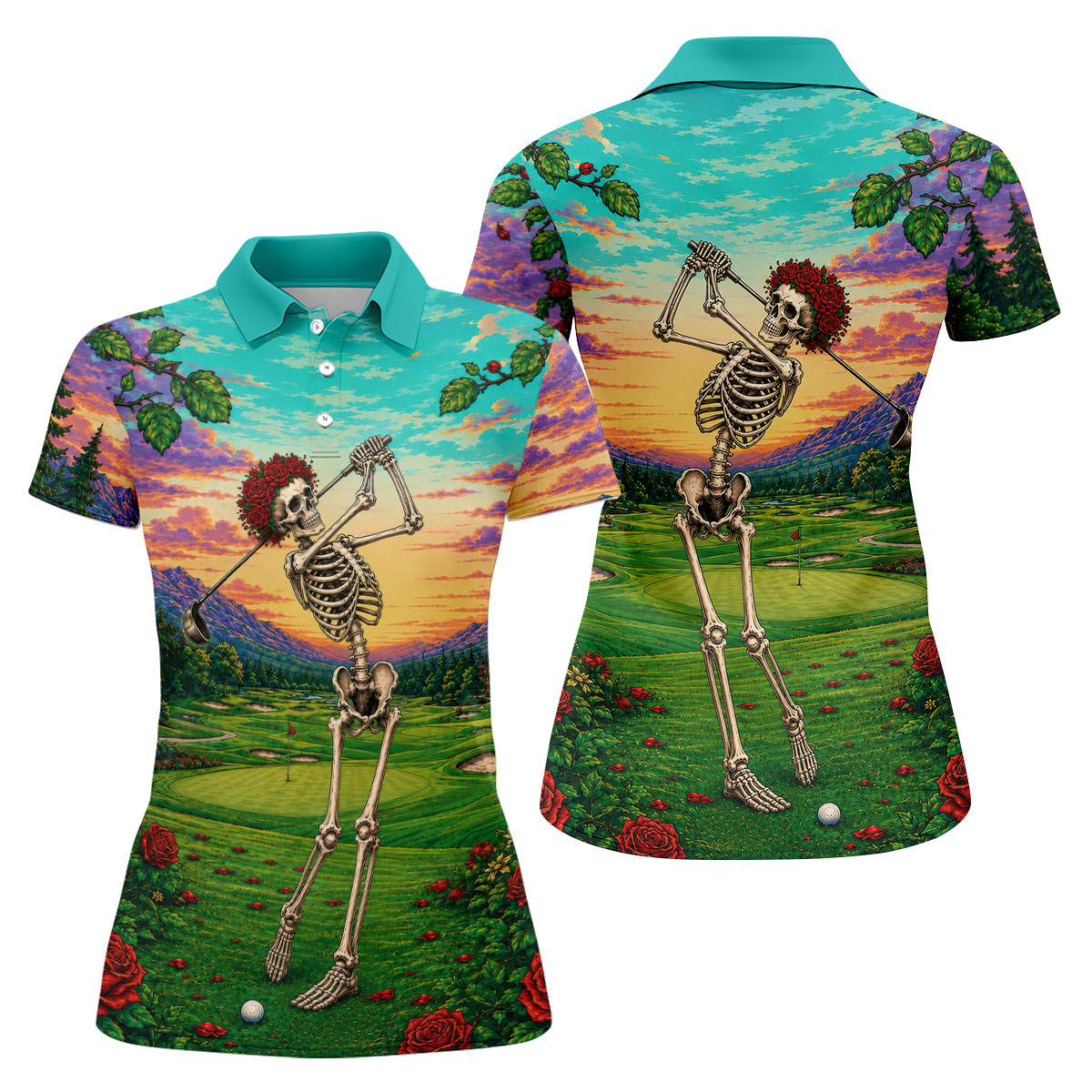 Skeleton Golfer Sunset Golf Course Shirt, Women's Golf Apparel, Halloween Golf Shirt