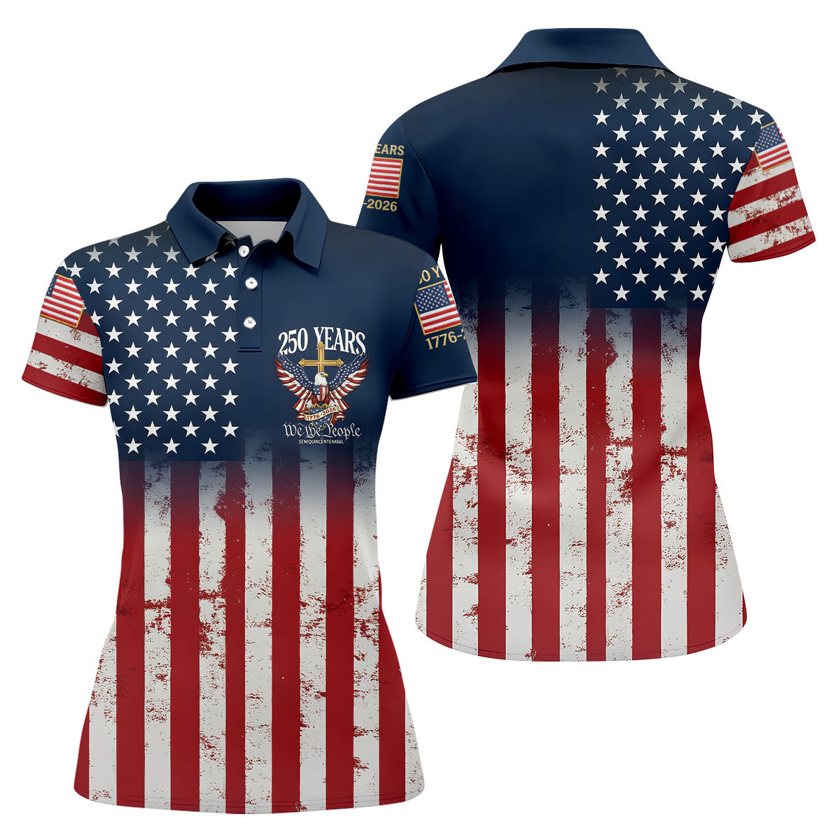 250 Years We The People Bald Eagle US Flag Cross Faith Golf Shirt For Women, Patriotic Golf Shirt