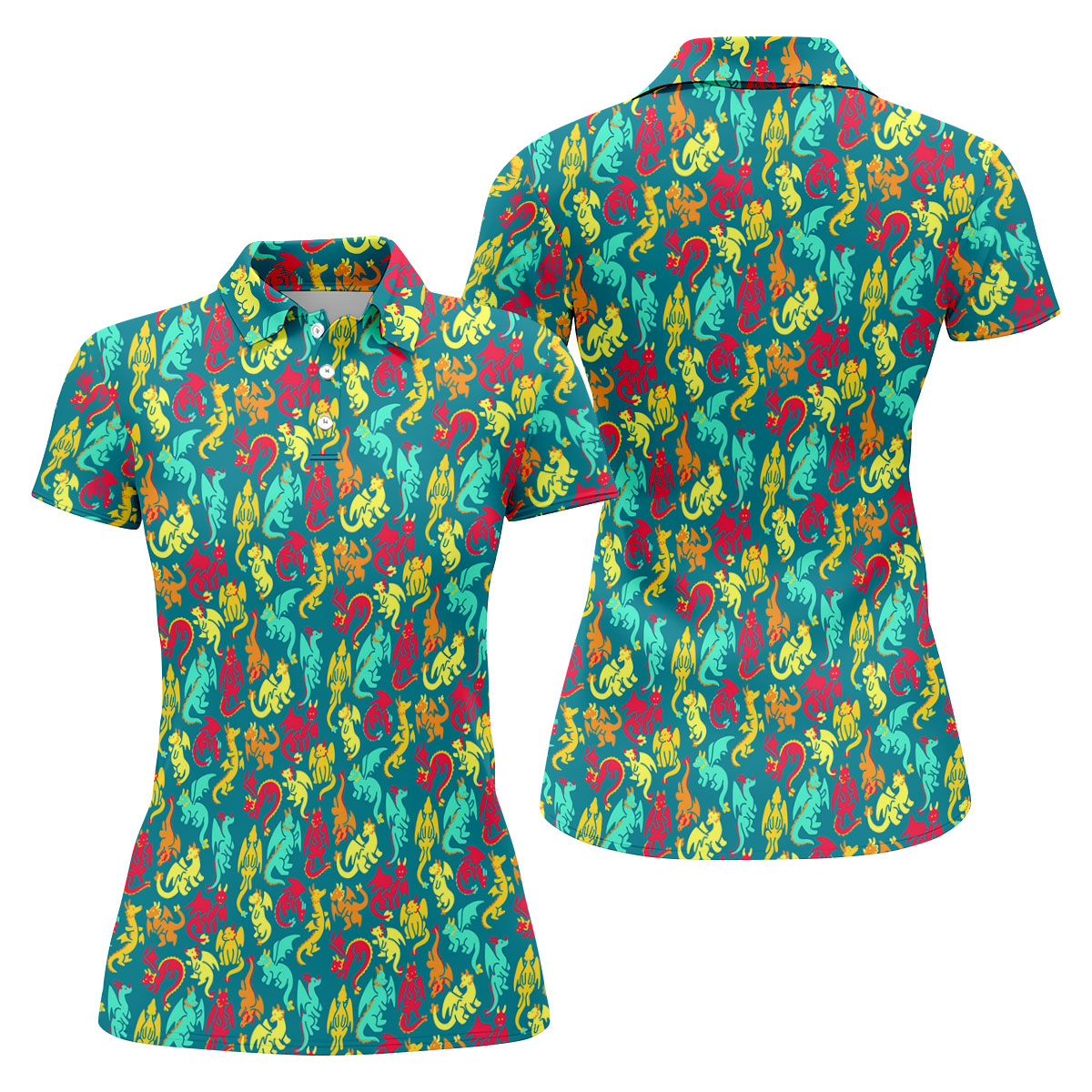 Cartoon Dragons Colorful Golf Shirt, Cute Golf Outfit, Women's Polo Shirt, Ladies Golf Shirts