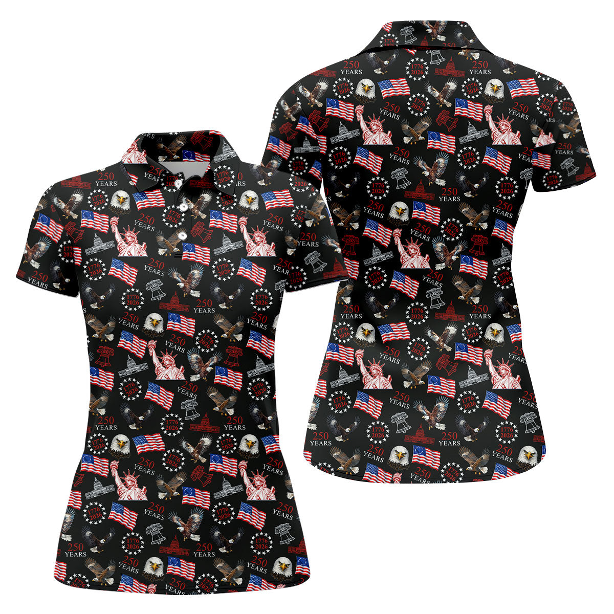 250 Years American Symbol Patriotic Pattern Black Golf Shirt, 4th Of July Golf Shirt, Golf Shirt For Women