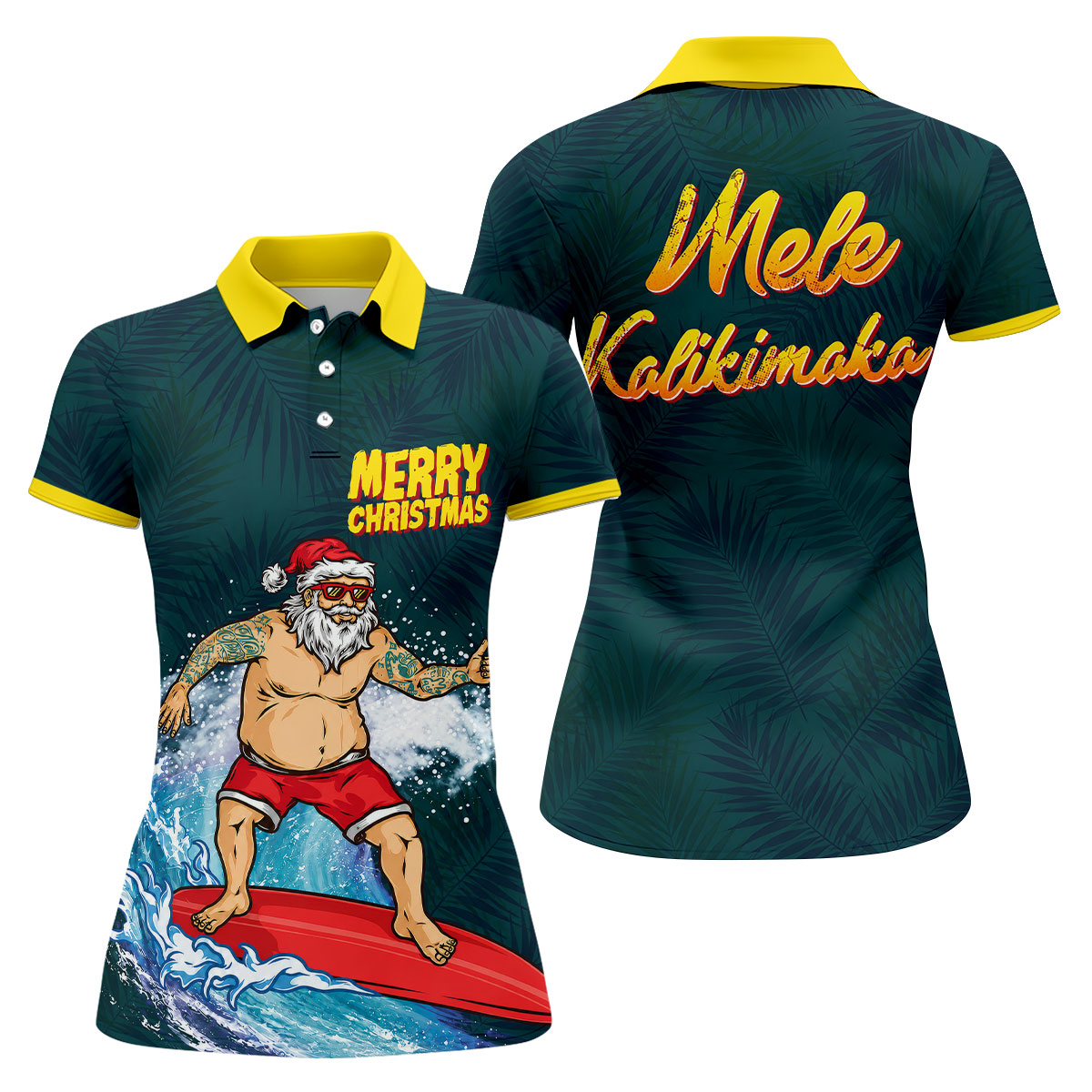 Surfing Santa Mele Kalikimaka Christmas Polo Shirt, Womens Golf Polo, Hawaiian Golf Shirt