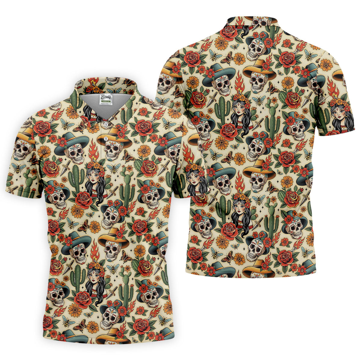 Day Of The Dead Sugar Skull Floral Polo Shirt, Mens Golf Polo, Hawaiian Golf Shirt