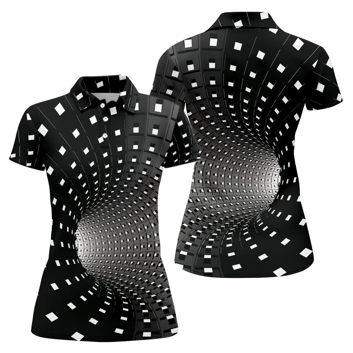 3D Vortex Golf Shirt, Black White Optical Illusion Tunnel Pattern, Golf Shirt For Women