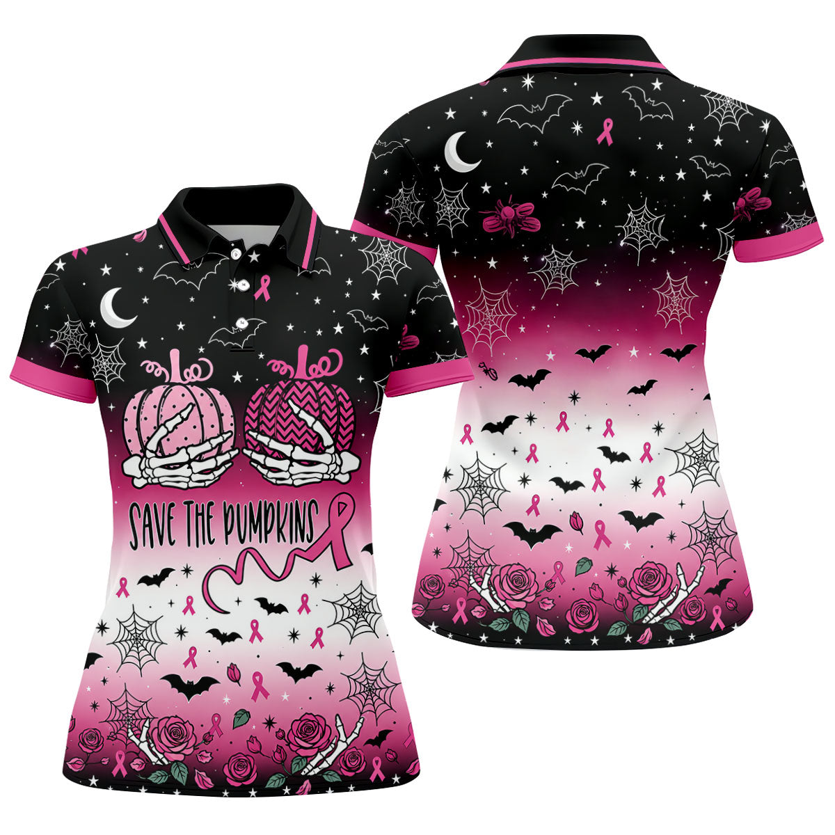 Save The Pumpkins Halloween Breast Cancer Polo Shirt, Womens Golf Tops, Women’s Golf Polo