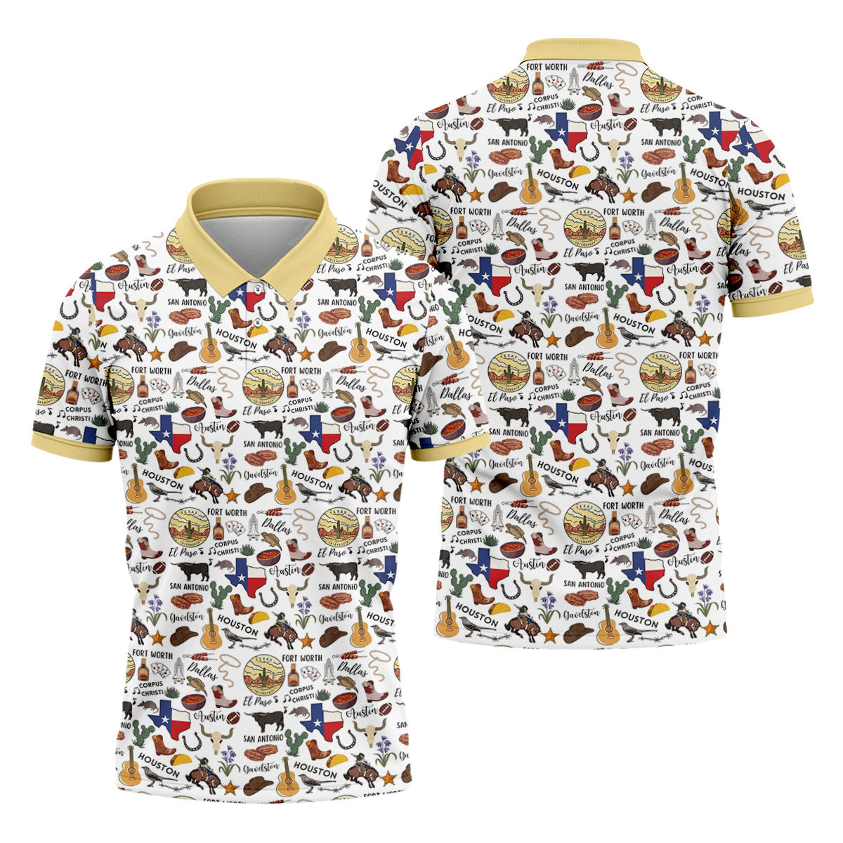 Texas Symbols Western Theme Doodle Style Golf Tops For Men, Polo ShirtFor Men, Golf Shirts For Men