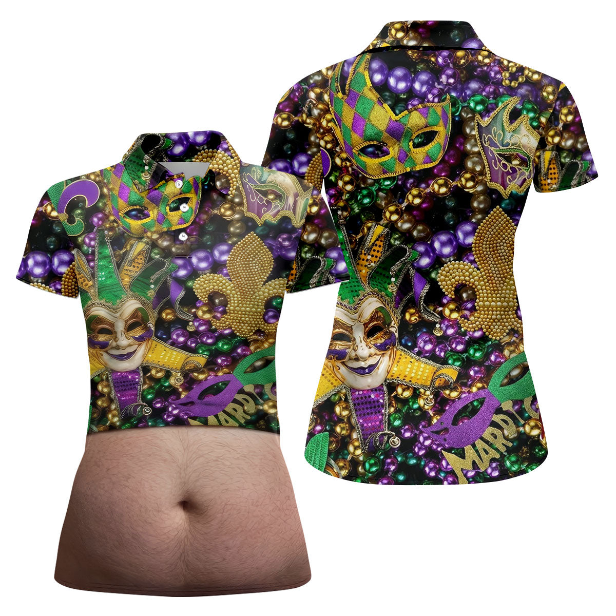 Mardi Gras Purple Green Gold Fleur De Lis Jester Mask Funny Tummy Women's Golf Tops, Fun Women's Golf Shirts