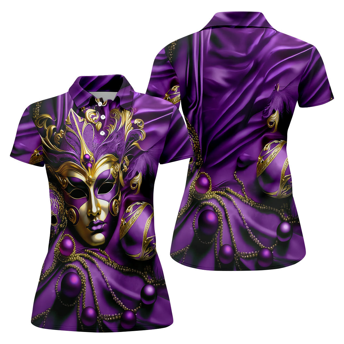 Mardi Gras Face Mask Purple Golf Shirt, Women's Golf Tops, Ladies Golf Polos, Women's Polo Shirt