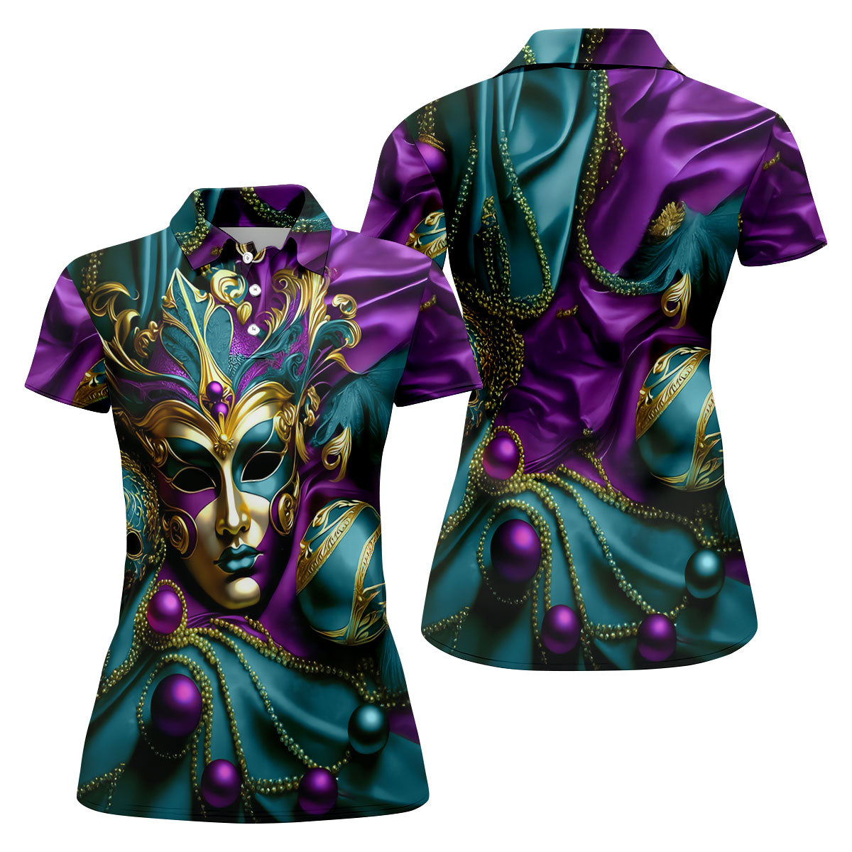 Mardi Gras Face Mask Turquoise Golf Shirt, Women's Golf Tops, Ladies Golf Polos, Women's Polo Shirt