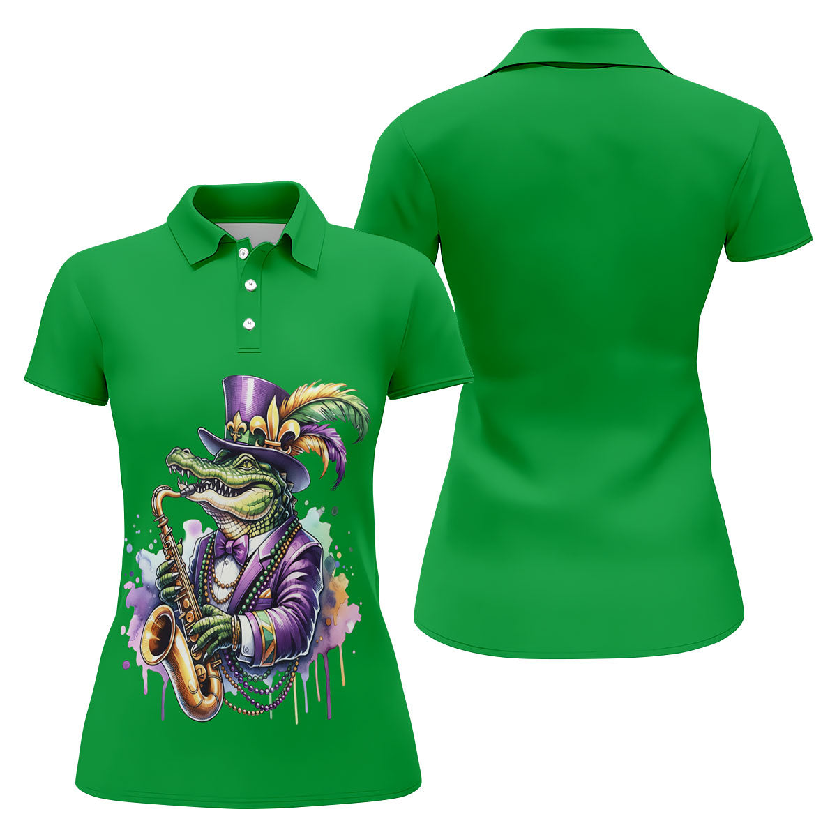 Mardi Gras Alligator Playing Saxophone Green Golf Shirt, Women's Golf Tops, Ladies Golf Shirt