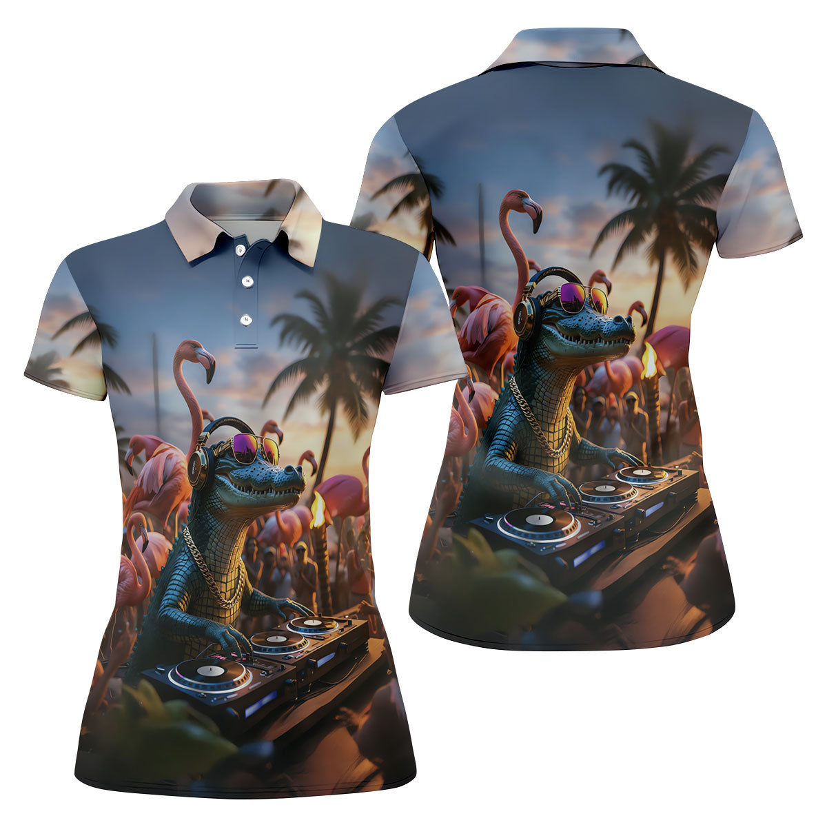 Funny Crocodile DJ Mardi Gras Festival Flamingo Golf Shirt, Women's Golf Tops, Ladies Golf Polos