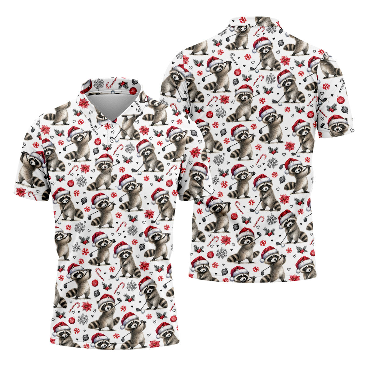 Christmas Raccoon Golfer Santa Hat Golf Polo Shirt, Mens Golf Shirts, Polo Shirts For Men