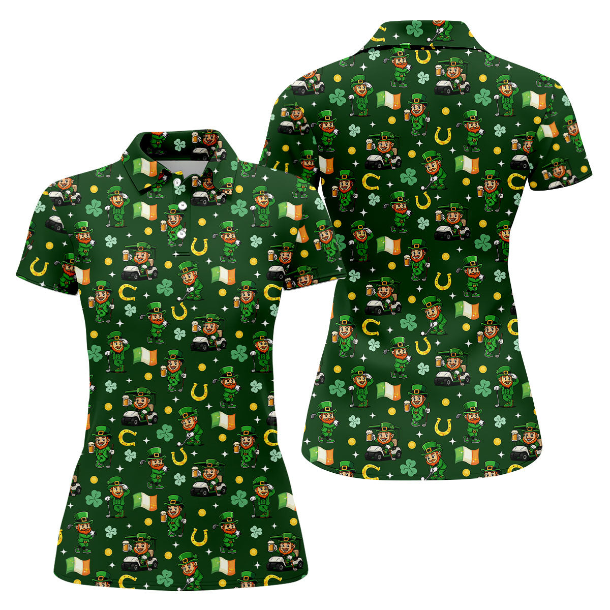 St Patrick's Day Leprechaun Golf Pose Irish Flags Shamrock Golf Shirt, Women's Golf Shirts, Ladies Golf Polos