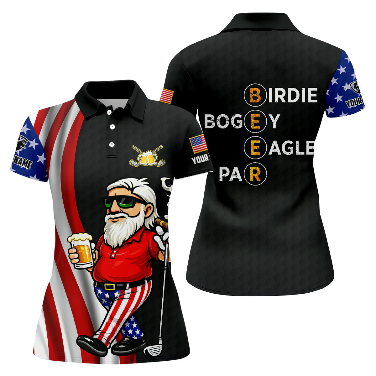 Patriotic Man Golf And Beer Funny 4th Of July Black Golf Shirt, 250 Years Of America Women's Golf Tops