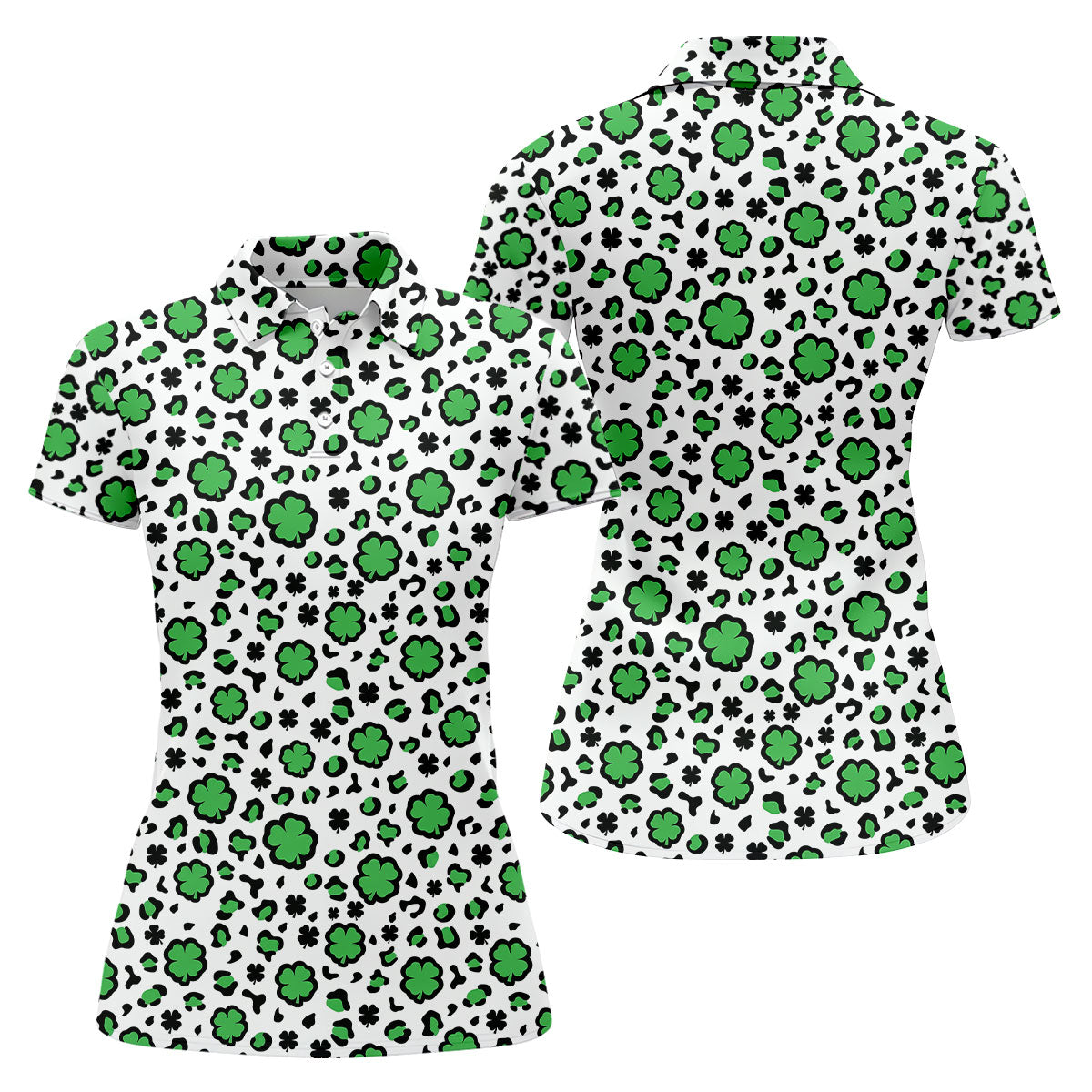 Lucky Four Leaf Clover Leopard Pattern St Patrick's Day Golf Shirt, Women's Golf Tops, Ladies Golf Shirts