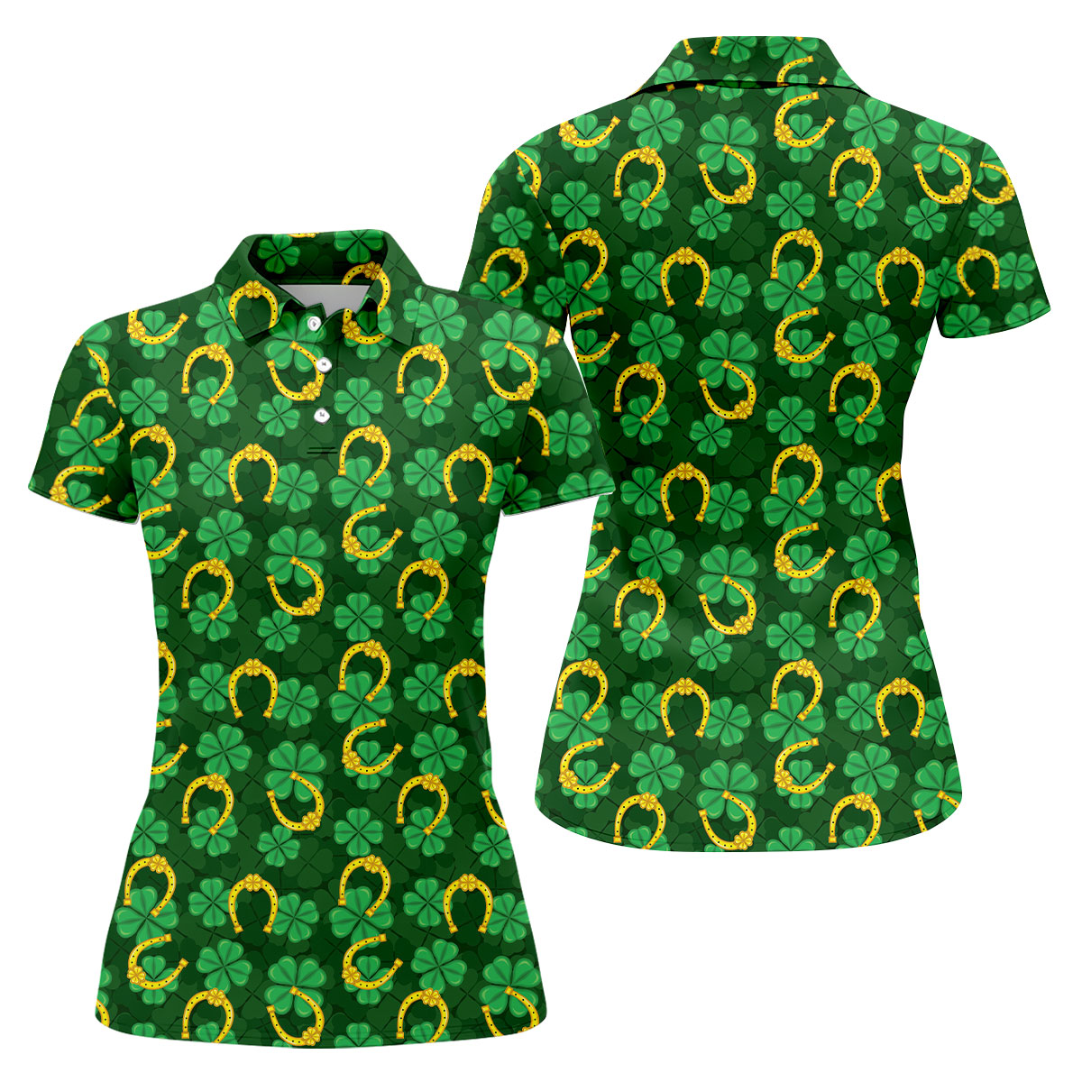 Four Leaf Clovers Golden Horseshoes St Patrick's Day Golf Shirt, Women's Golf Tops, Ladies Golf Polos
