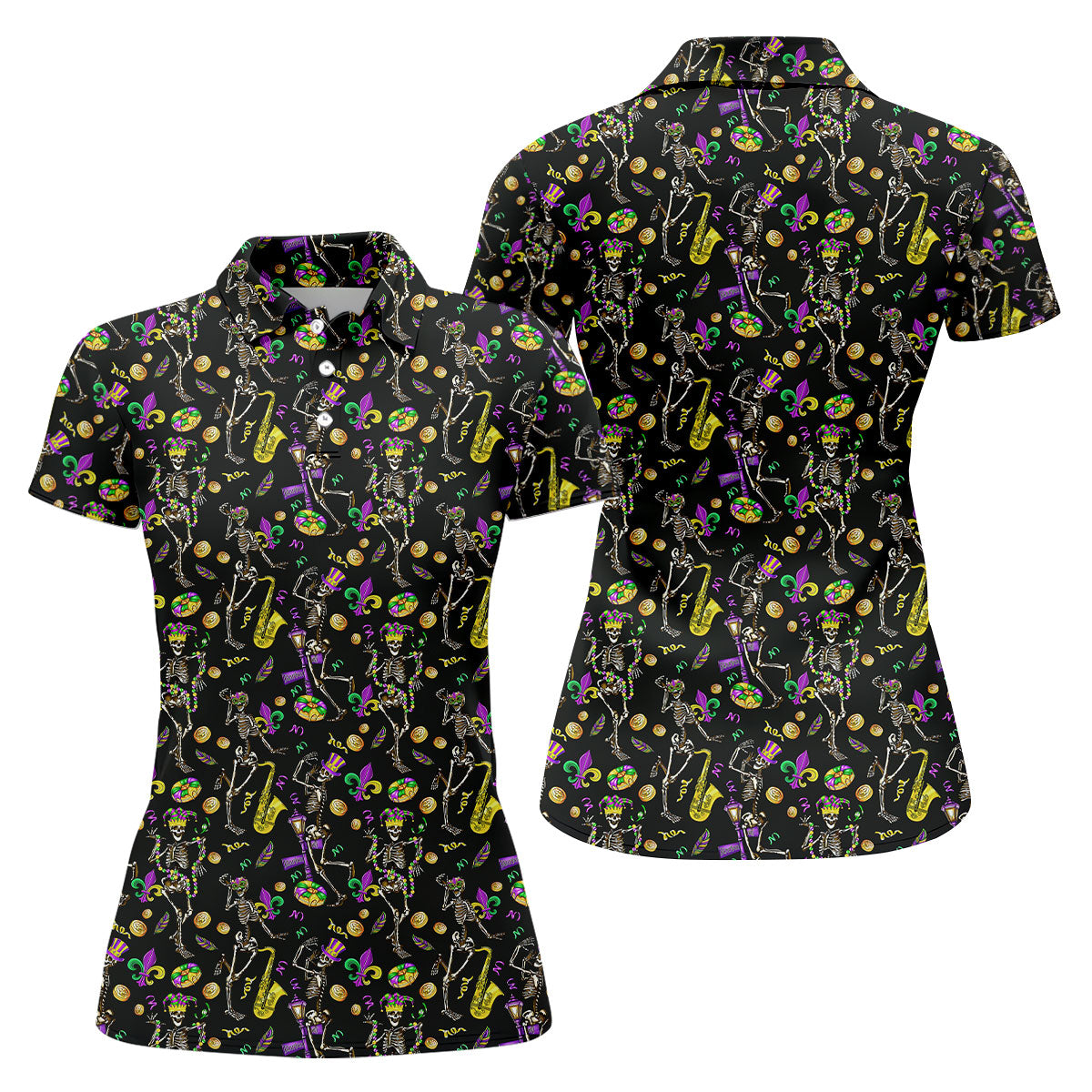 Dancing Skeleton Mardi Gras Fleur De Lis Black Golf Shirt, Women's Golf Tops, Ladies Golf Polos