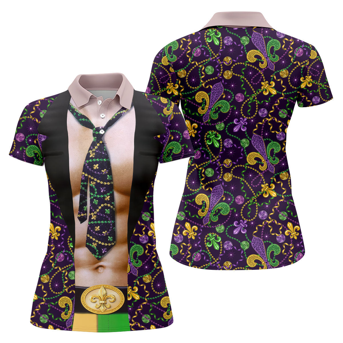 Mardi Gras Purple Green Gold Fleur De Lis Funny Costume Women's Golf Tops, Fun Women's Golf Shirts