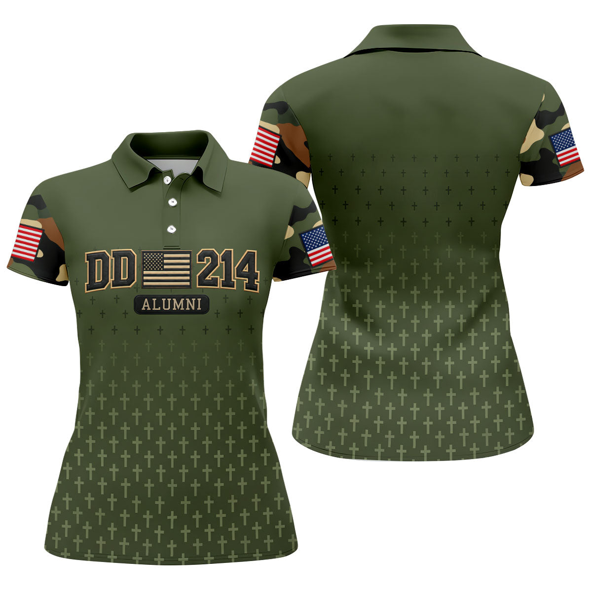 DD-214 Alumni Flag Cross Camo Polo Shirt, Veterans Day Shirt, Golf Tops For Women