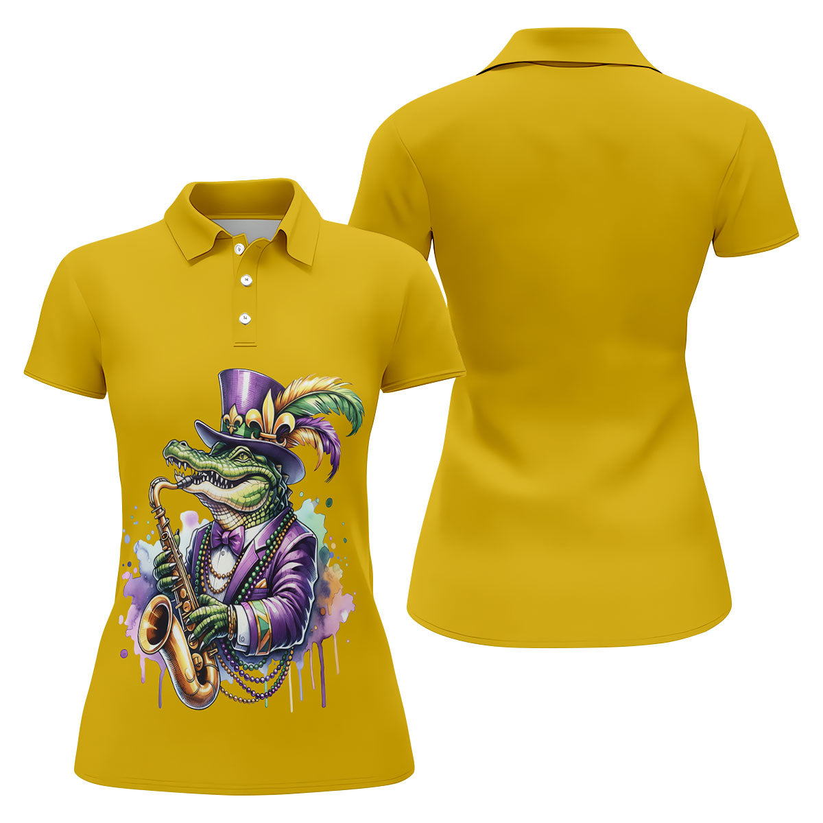 Mardi Gras Alligator Playing Saxophone Yellow Golf Shirt, Women's Golf Tops, Ladies Golf Shirt