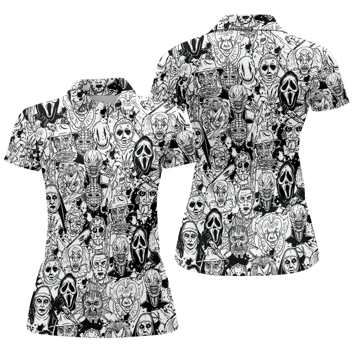 Black White Horror Character Sketch Golf Shirt, Women’s Golf Polo, Halloween Golf Shirt