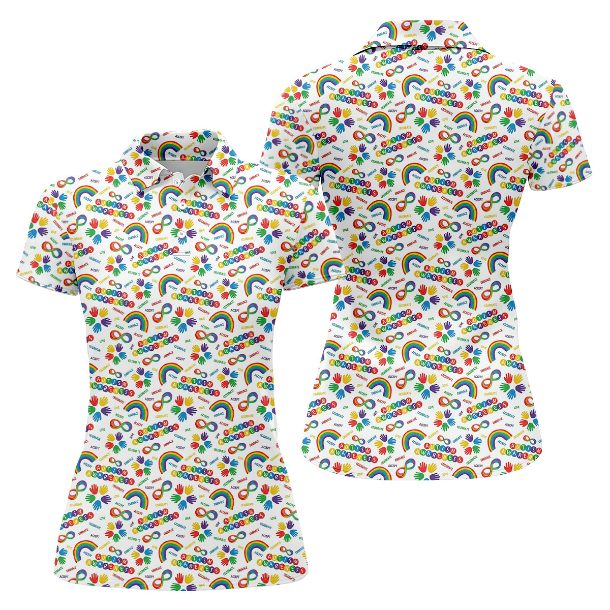 Autism Awareness Rainbow Pattern Colorful Handprints White Golf Shirt, Golf Shirt For Women