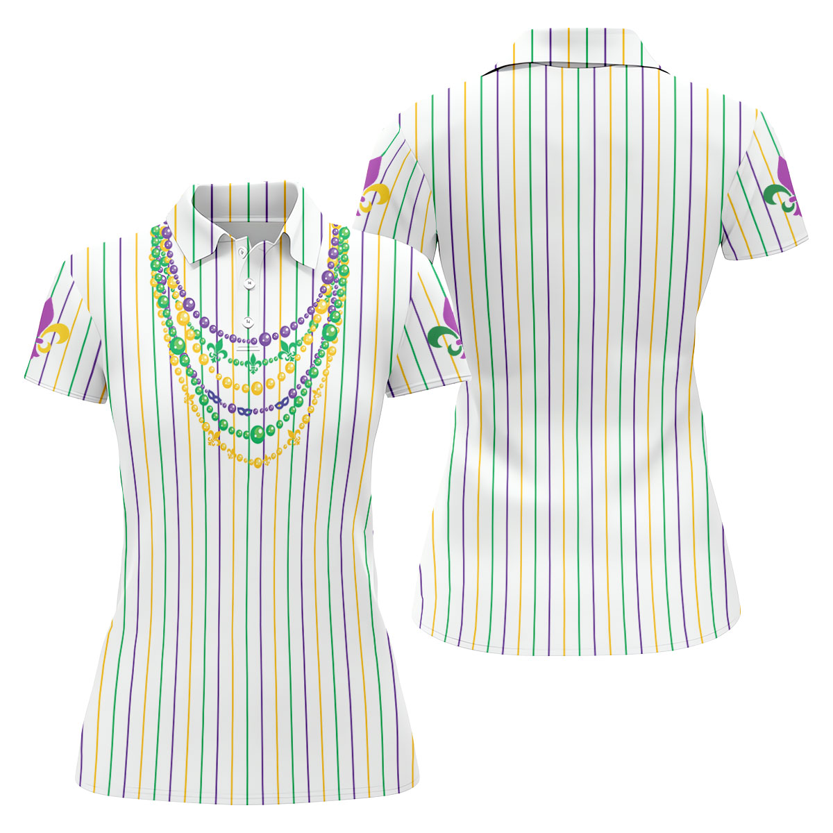 Mardi Gras Beads Necklaces Print White Golf Shirt, Women's Golf Shirts, Ladies Golf Polos, Golf Shirt For Women
