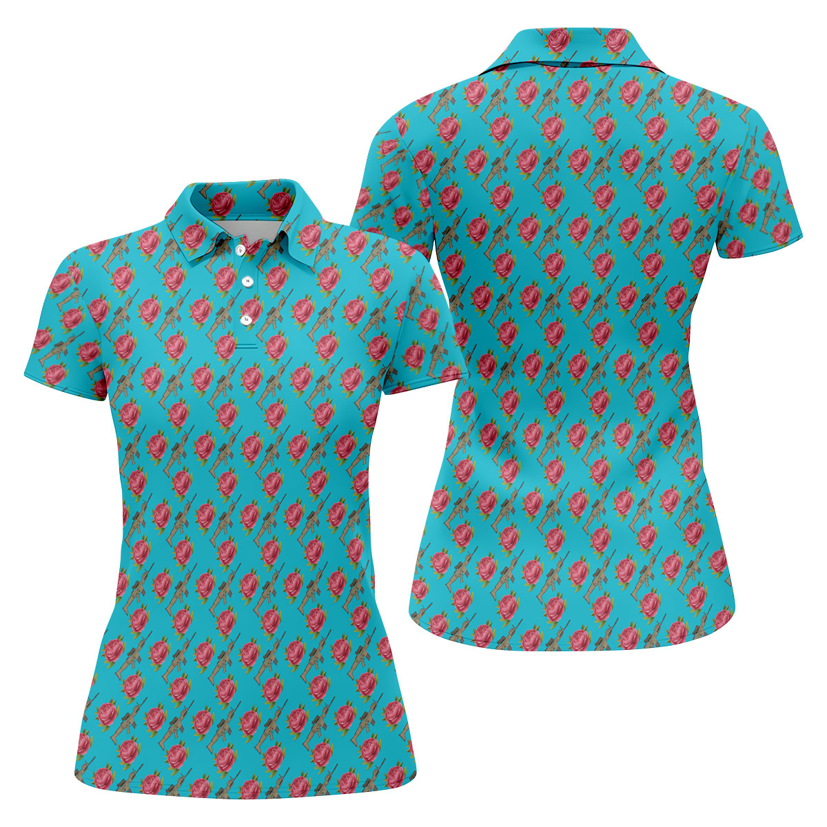 Gun And Rose Seamless Pattern Blue Golf Shirt, Women's Golf Tops, Ladies Golf Shirt