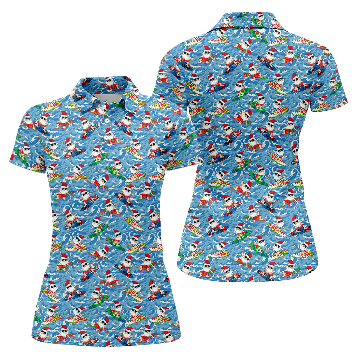 Surfing Santa Christmas Ocean Pattern Polo Shirt, Womens Golf Polo, Christmas Golf Shirt