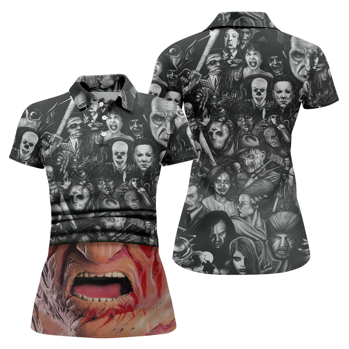 Burned Face Horror Character Halloween Polo Shirt, Womens Golf Tops, Printed Golf Shirt