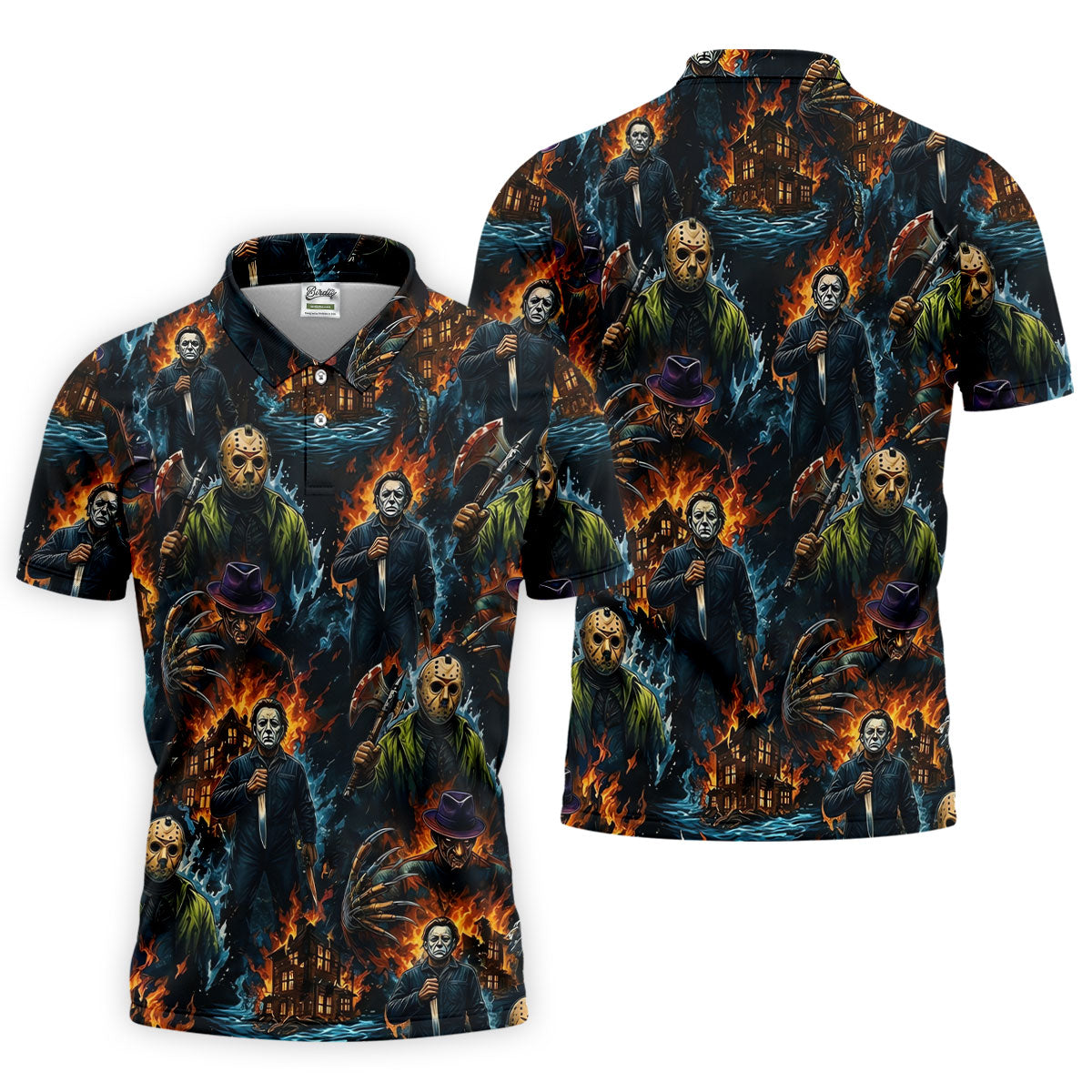 Horror Character Fire Collage Halloween Polo Shirt, Mens Golf Shirts, Mens Polo Shirts