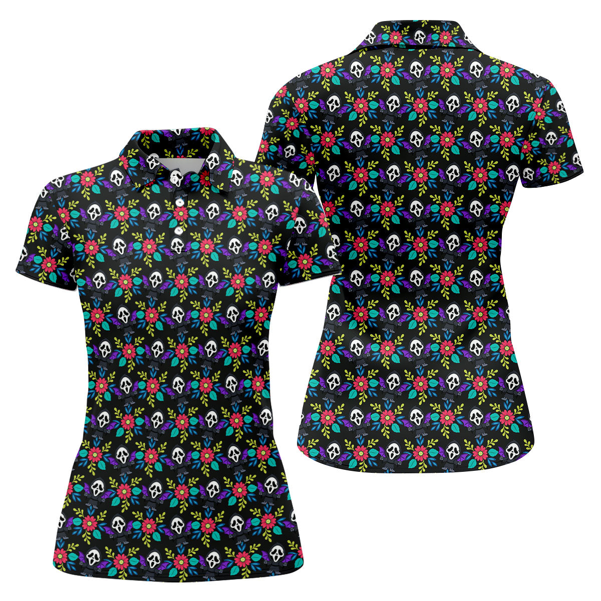 Floral Horror Character Halloween Polo Shirt, Women's Halloween Shirt, Women's Golf Polo