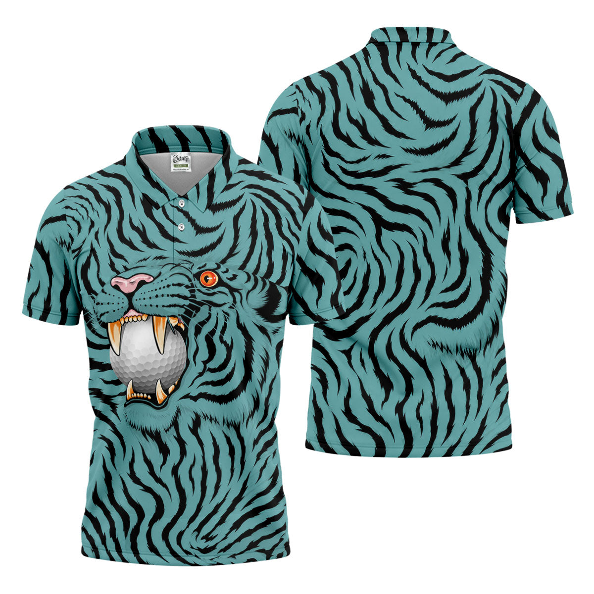 Funny Striped Tiger Biting Golf Ball Polo Shirt, Polo Shirts For Men, Mens Golf Apparel