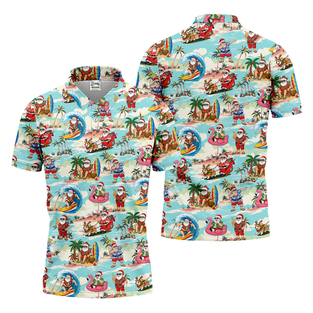 Funny Tropical Santa Beach Christmas Polo Shirt, Mens Golf Polo, Hawaiian Golf Shirt