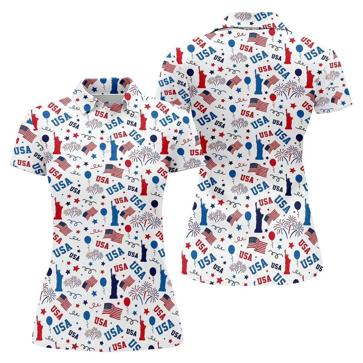 USA Red White Blue Seamless Pattern White Golf Shirt, 250th Anniversary Patriotic 4th Of July Golf Shirt For Women