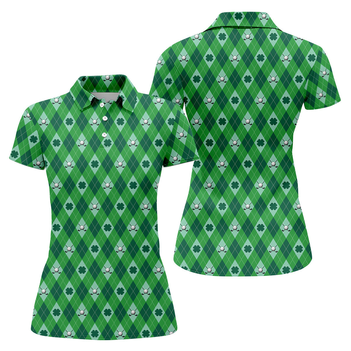 Lucky Four Leaf Clover Golf Ball Pattern Argyle Pattern St Patrick's Day Golf Shirt, Women's Golf Tops
