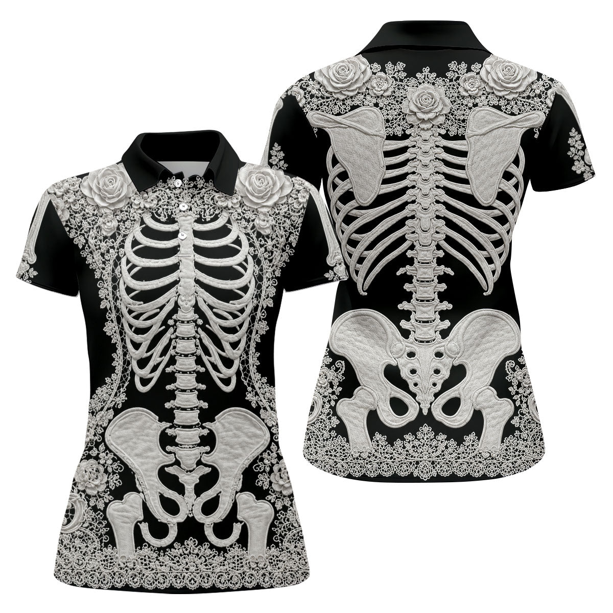 Floral Skeleton Halloween Golf Polo Shirt, Women’s Golf Polo, Golf Shirts For Women
